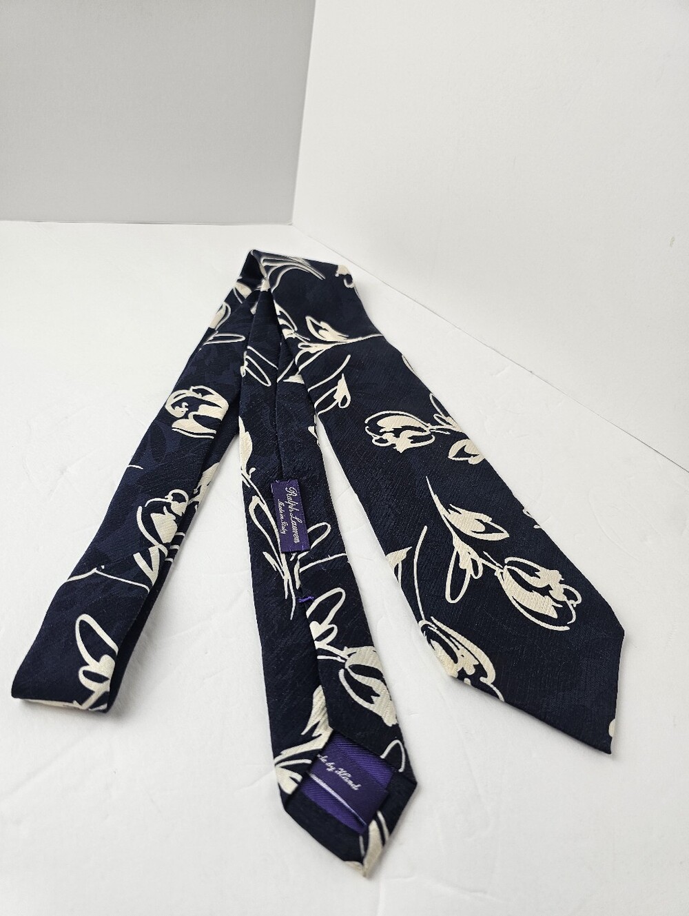 Ralph Lauren Purple Label Italy Handmade Silk Floral Botanical Tie Navy Rare VTG